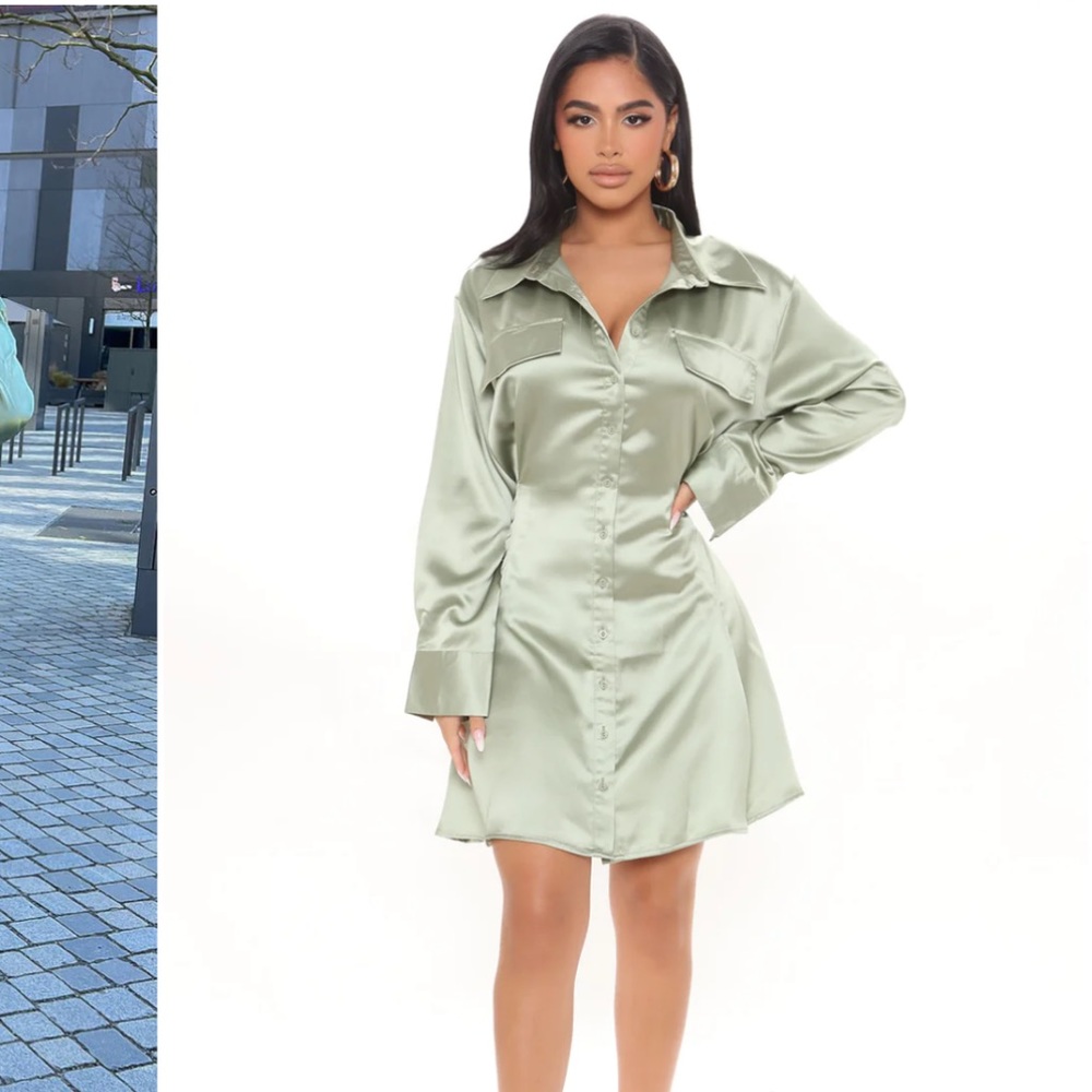 Satin Shirt Dress - Sage